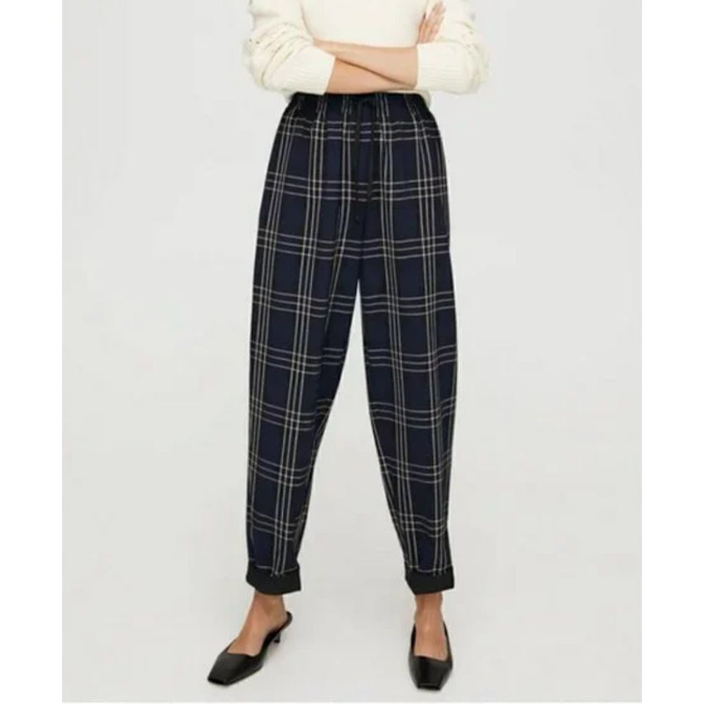 Aritzia Wilfred‎ Blue Plaid High Rise Soleste Pants Size Small Cuffed Windowpane